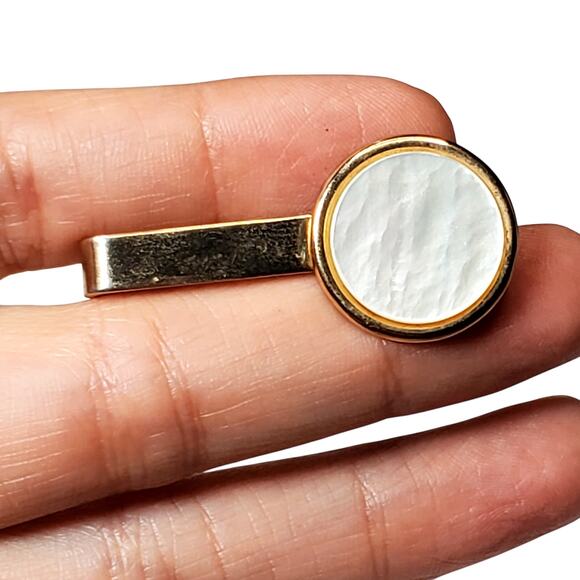 Tie Clip Vtg 1.5" Gold Tone Mother of Pearl - Picture 1 of 4